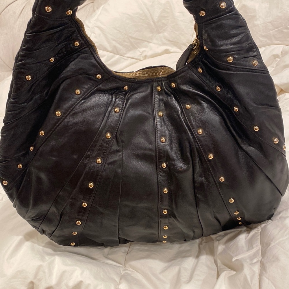 GOLDENBLEU black leather purse semi circular bag  with gold tone studs all over